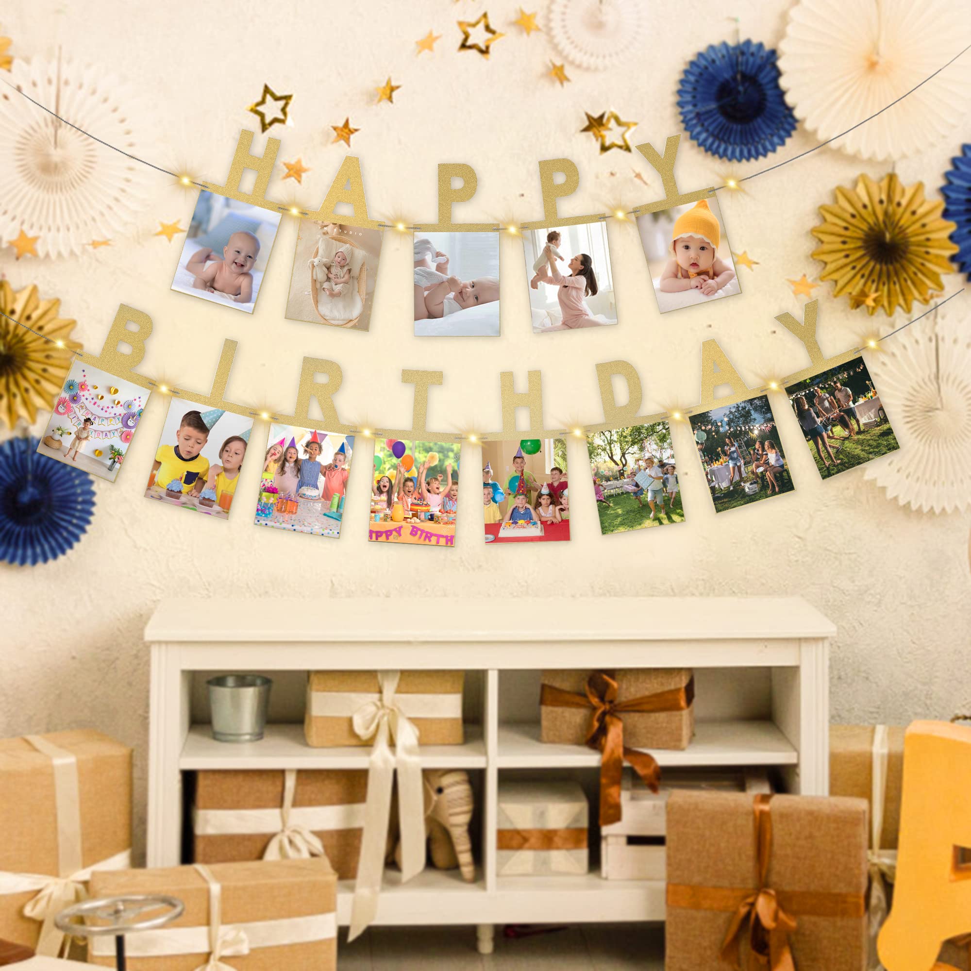 Gold Photo Banner with 2 Strings of Fairy Lights for Birthday Parties – 13 Letter Banners from AVlovasd