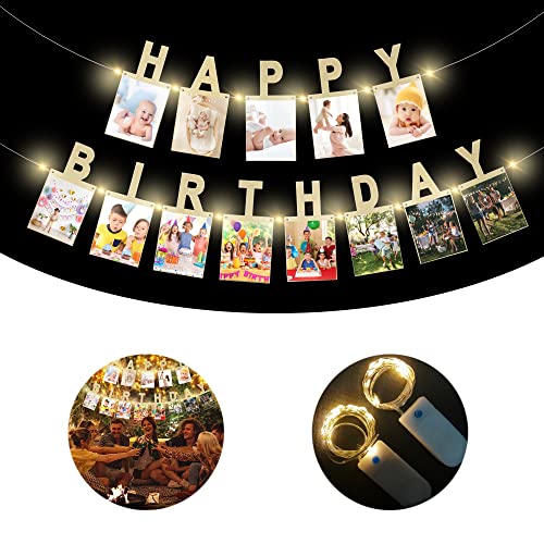 Gold Photo Banner with 2 Strings of Fairy Lights for Birthday Parties – 13 Letter Banners from AVlovasd