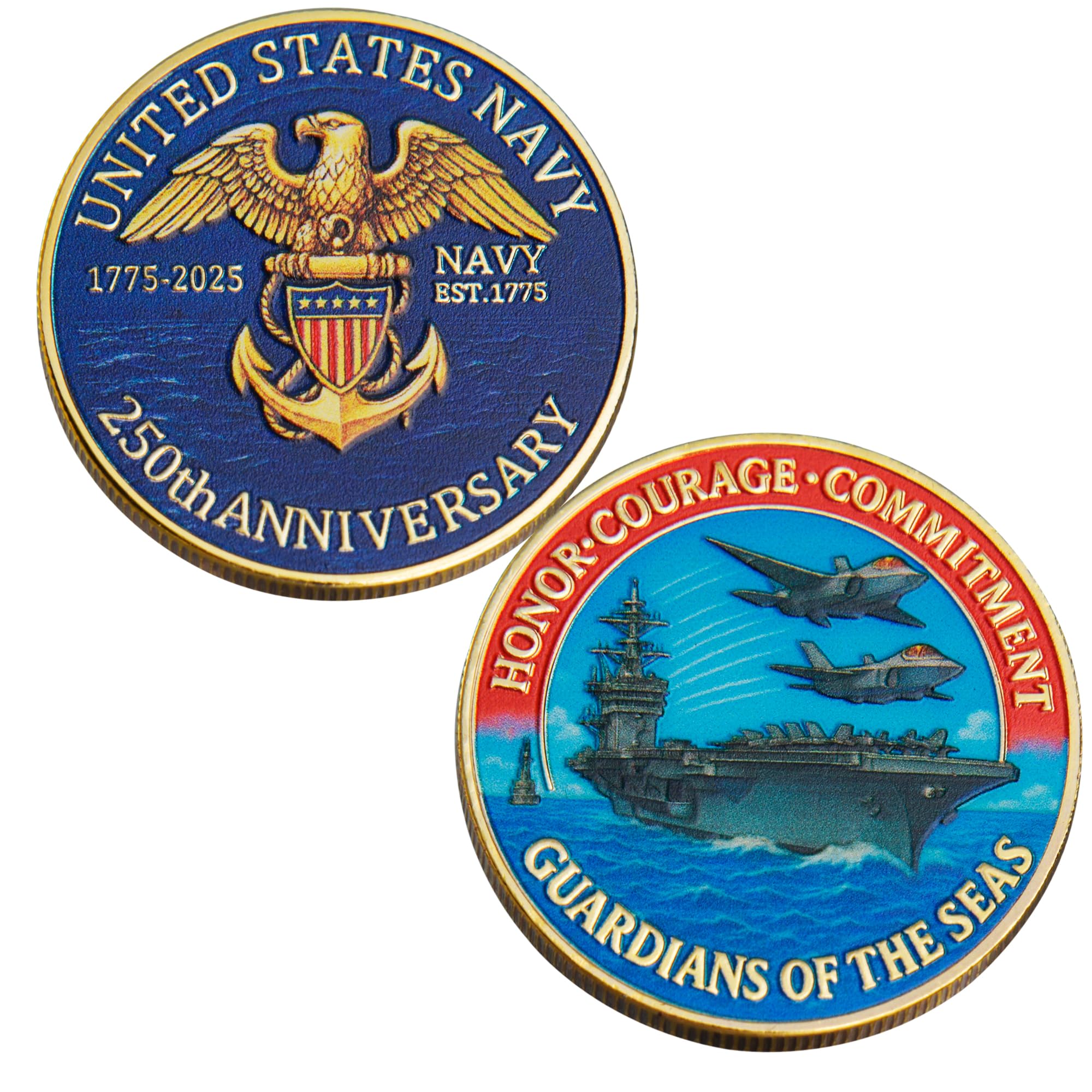 Gold-Plated USA Navy 250th Anniversary Challenge Coin – 1.57 Inch Double-Sided High Relief Military Collectible for Veterans and Supporters