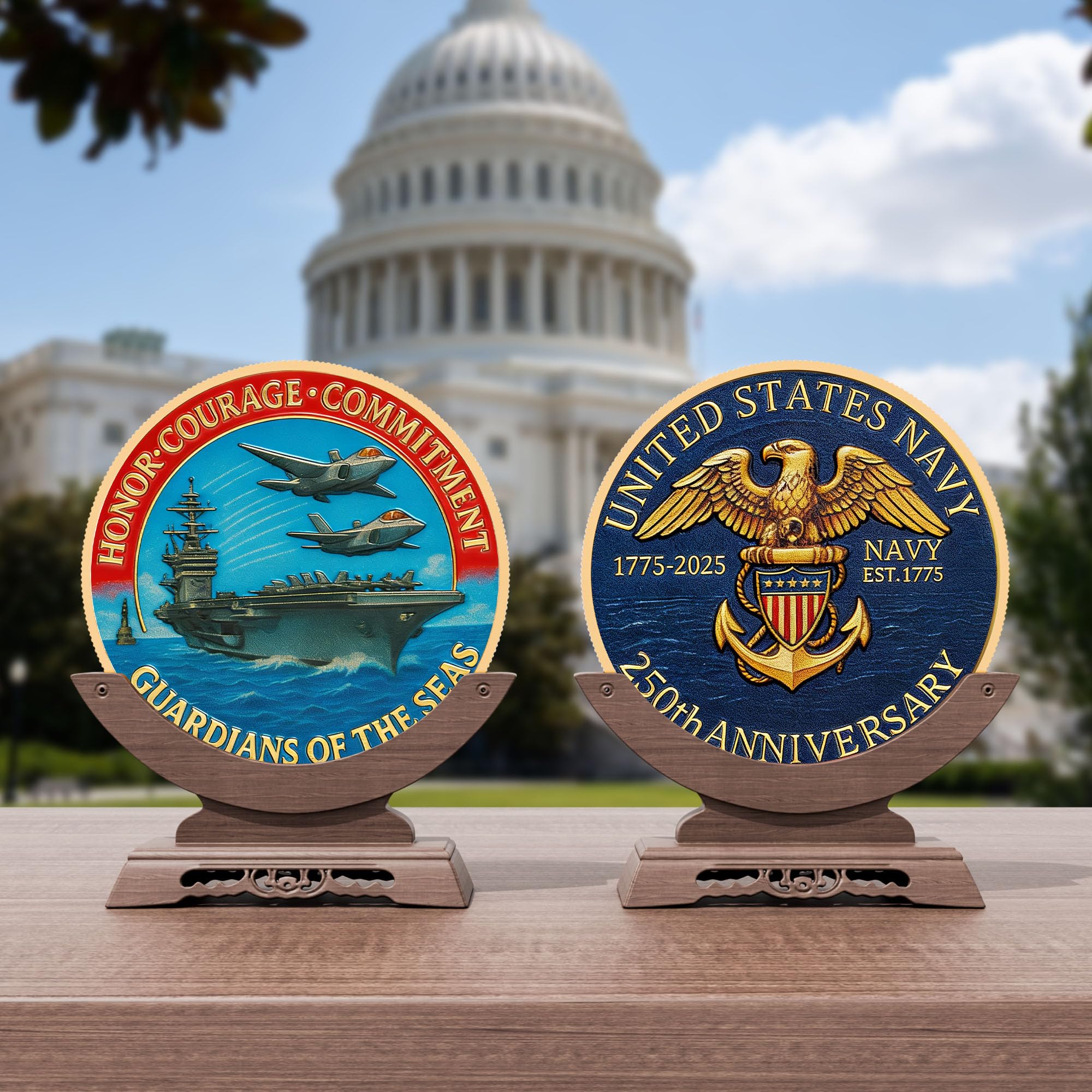 Gold-Plated USA Navy 250th Anniversary Challenge Coin – 1.57 Inch Double-Sided High Relief Military Collectible for Veterans and Supporters