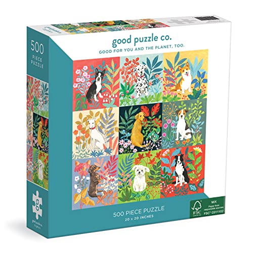Good Puzzle Co Dogs and Flowers 500-Piece Jigsaw Puzzle – Recycled Materials, 20x20 Inches