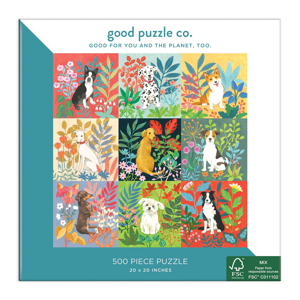 Good Puzzle Co Dogs and Flowers 500-Piece Jigsaw Puzzle – Recycled Materials, 20x20 Inches