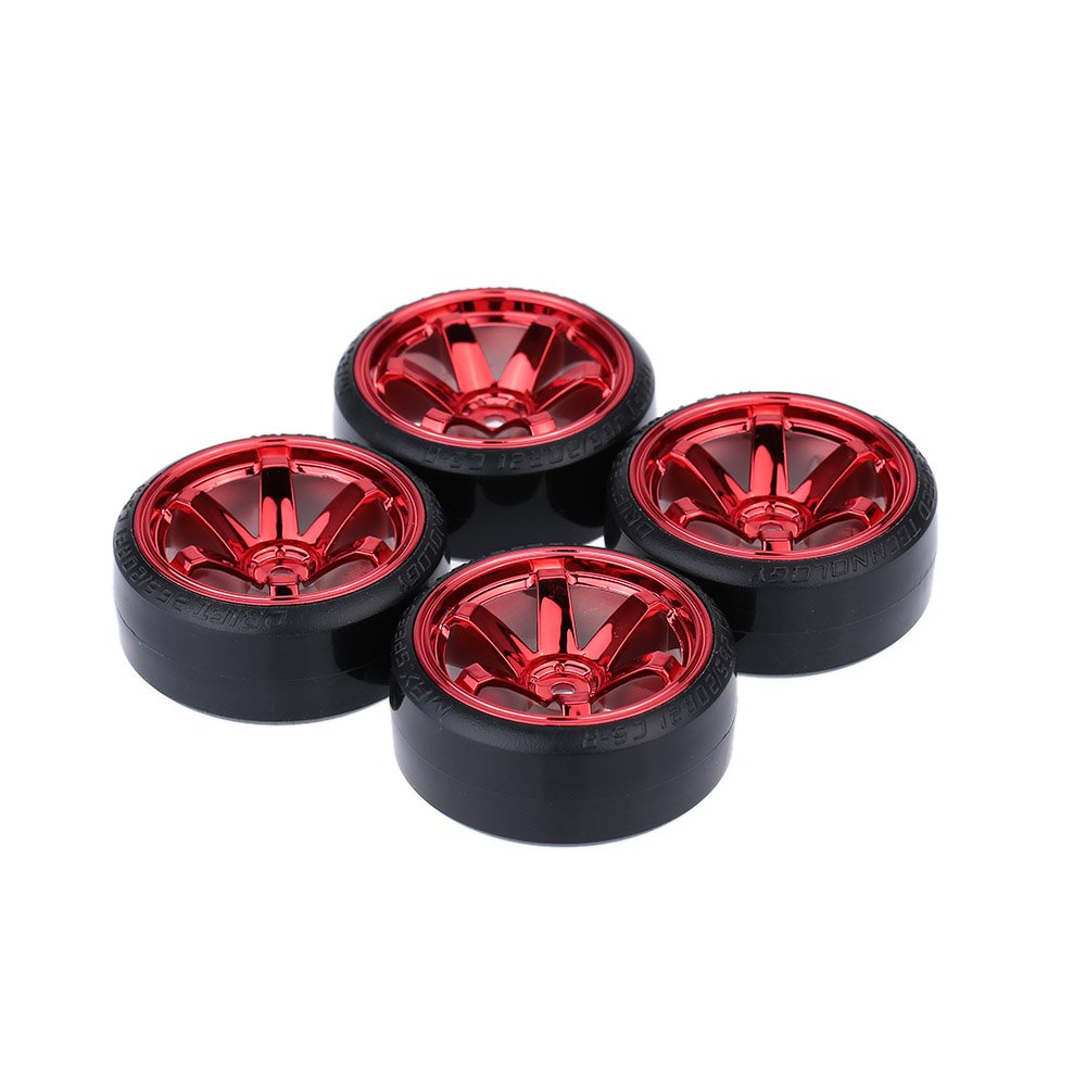 GoolRC 4-Pack Hard Plastic Drift Tires for 1/10 Scale RC Cars – Red, 61mm Diameter, 12mm Hex