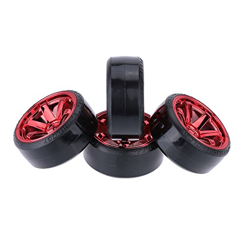 GoolRC 4-Pack Hard Plastic Drift Tires for 1/10 Scale RC Cars – Red, 61mm Diameter, 12mm Hex
