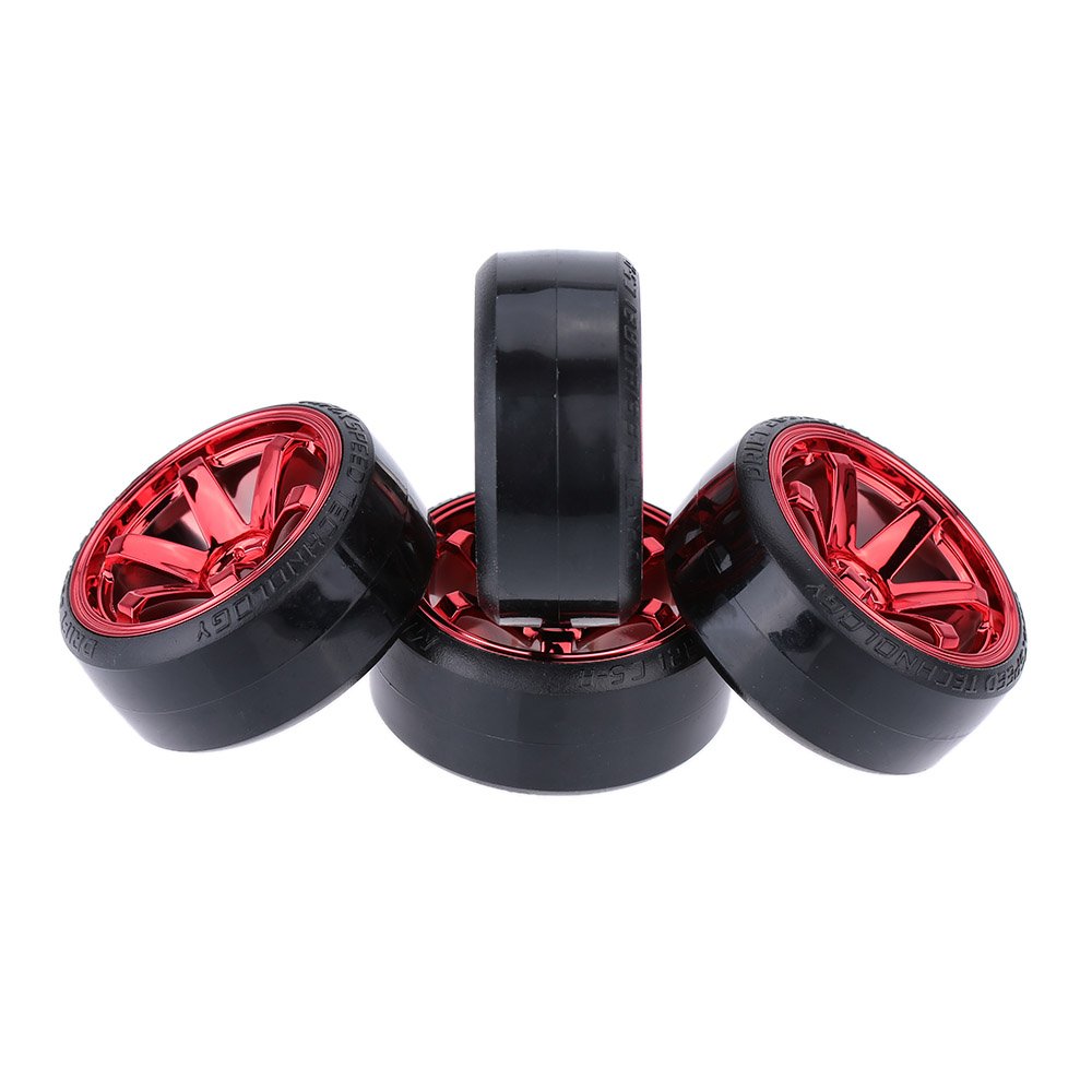 GoolRC 4-Pack Hard Plastic Drift Tires for 1/10 Scale RC Cars – Red, 61mm Diameter, 12mm Hex