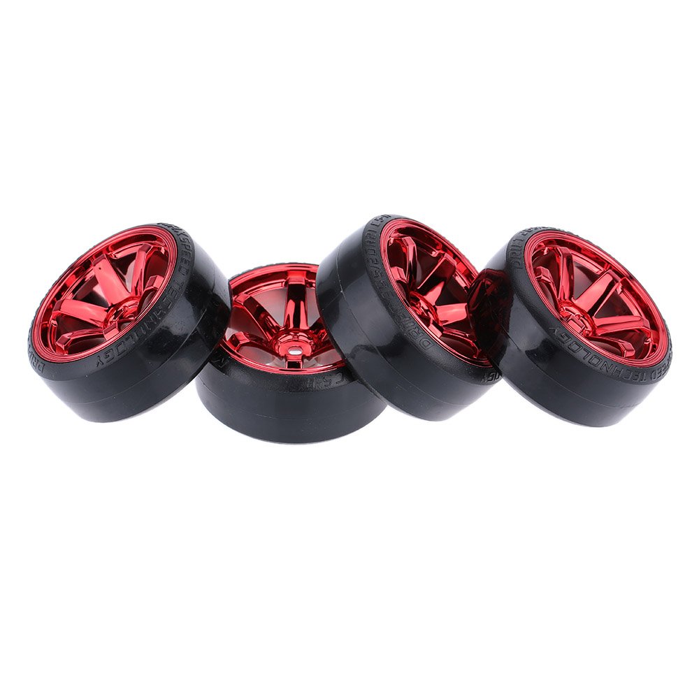 GoolRC 4-Pack Hard Plastic Drift Tires for 1/10 Scale RC Cars – Red, 61mm Diameter, 12mm Hex