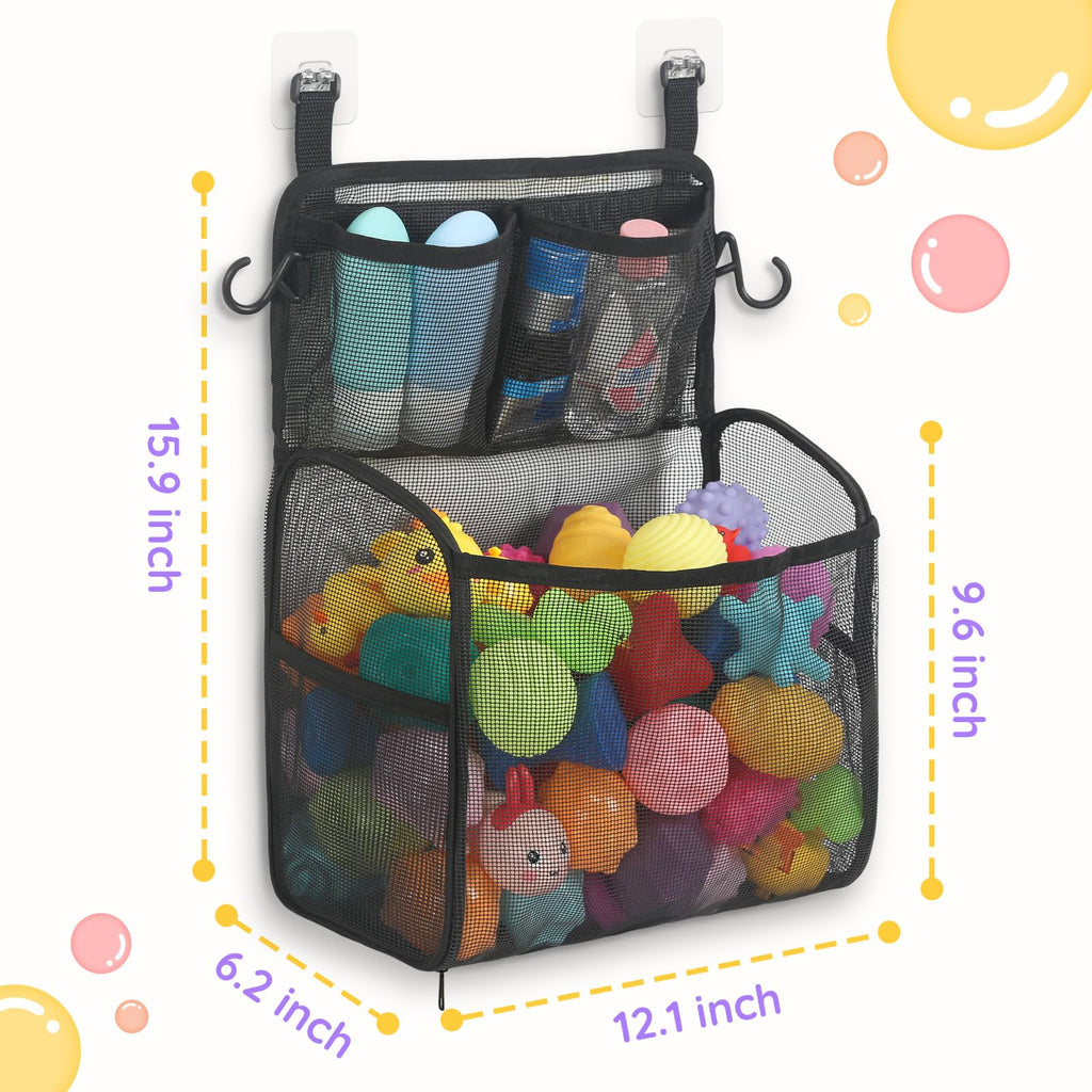 Goowin Bath Toy Storage Holder – Large Mesh Organizer with Double-Layer Design, Bottom Zipper, and Two Hanging Options (Black)