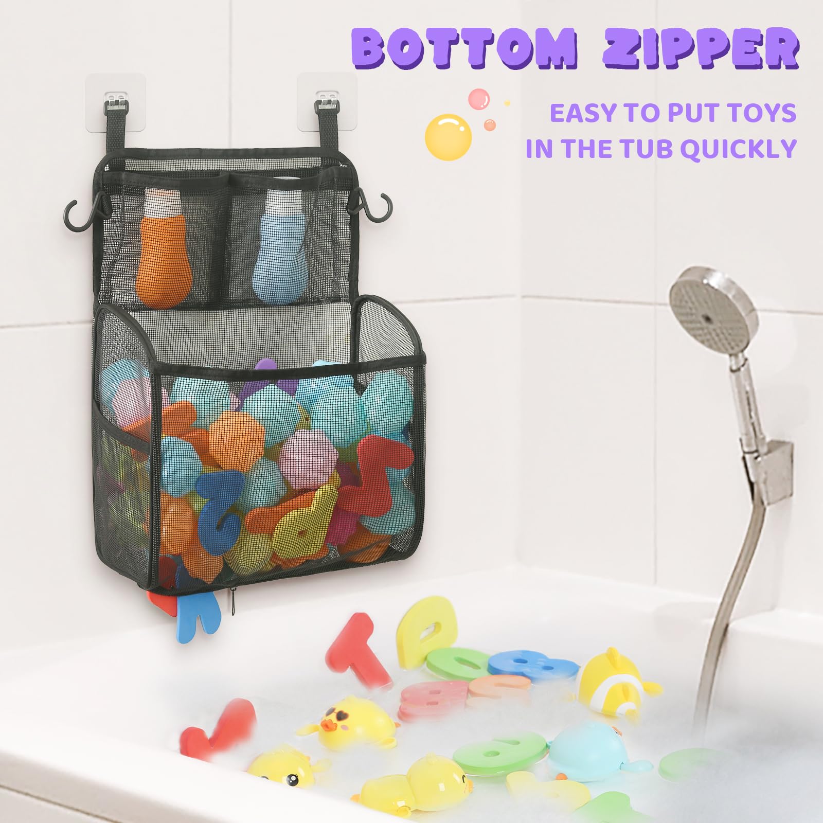 Goowin Bath Toy Storage Holder – Large Mesh Organizer with Double-Layer Design, Bottom Zipper, and Two Hanging Options (Black)