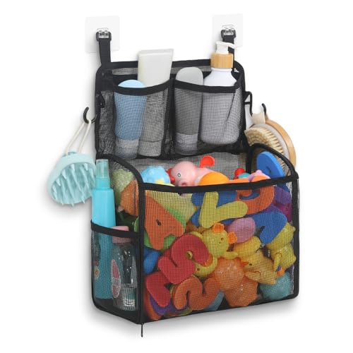 Goowin Bath Toy Storage Holder – Large Mesh Organizer with Double-Layer Design, Bottom Zipper, and Two Hanging Options (Black)