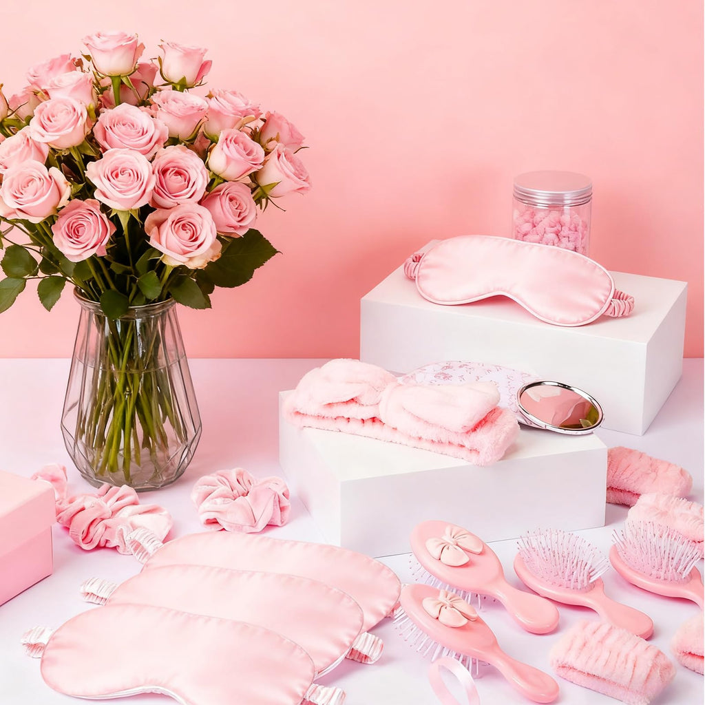 Goroovr 9-Piece Sleepover Party Supplies Kit for Girls – Pink Spa Headband, Eye Mask, Scrunchies & More