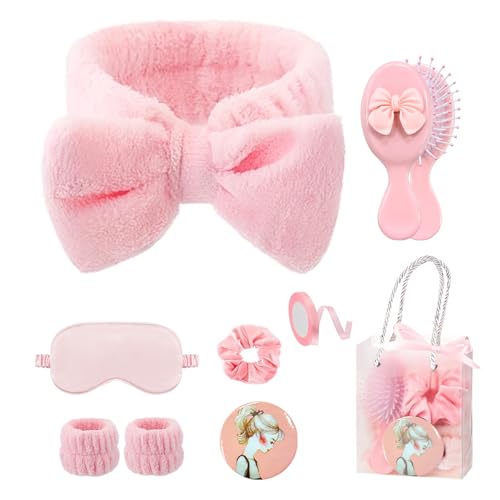 Goroovr 9-Piece Sleepover Party Supplies Kit for Girls – Pink Spa Headband, Eye Mask, Scrunchies & More