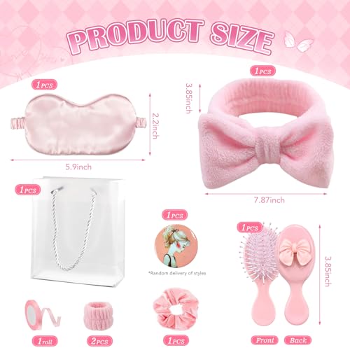 Goroovr 9-Piece Sleepover Party Supplies Kit for Girls – Pink Spa Headband, Eye Mask, Scrunchies & More