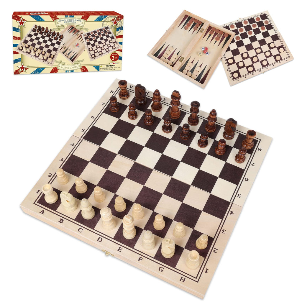 GOTHINK 3-in-1 Wooden Board Game Set – Chess, Checkers & Backgammon for Family Travel and Gifting