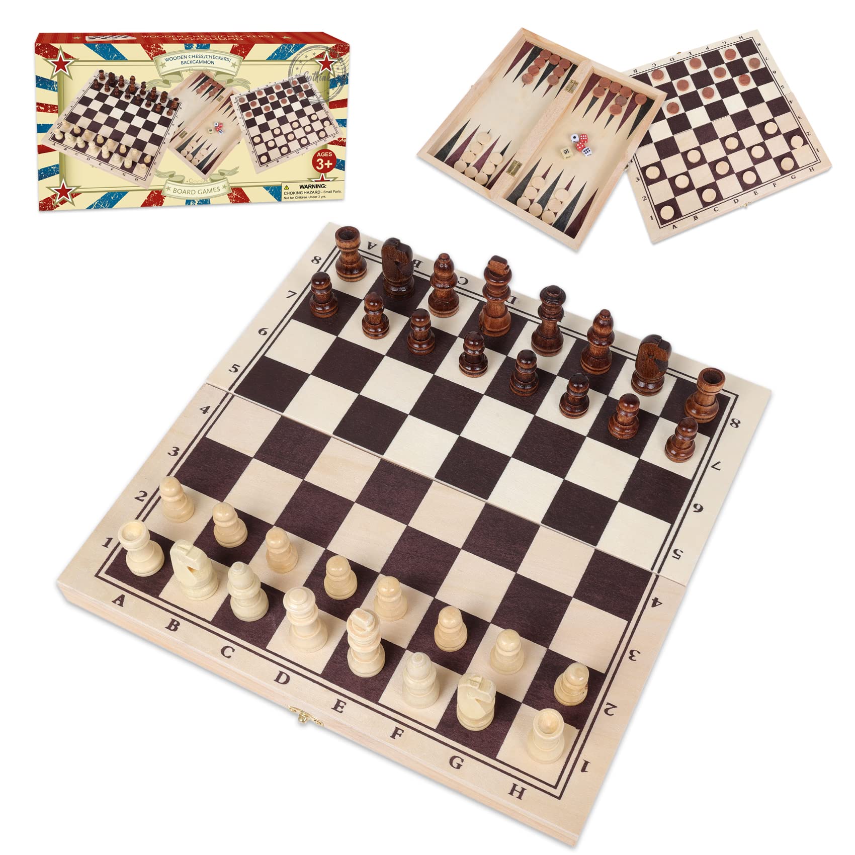 GOTHINK 3-in-1 Wooden Board Game Set – Chess, Checkers & Backgammon for Family Travel and Gifting