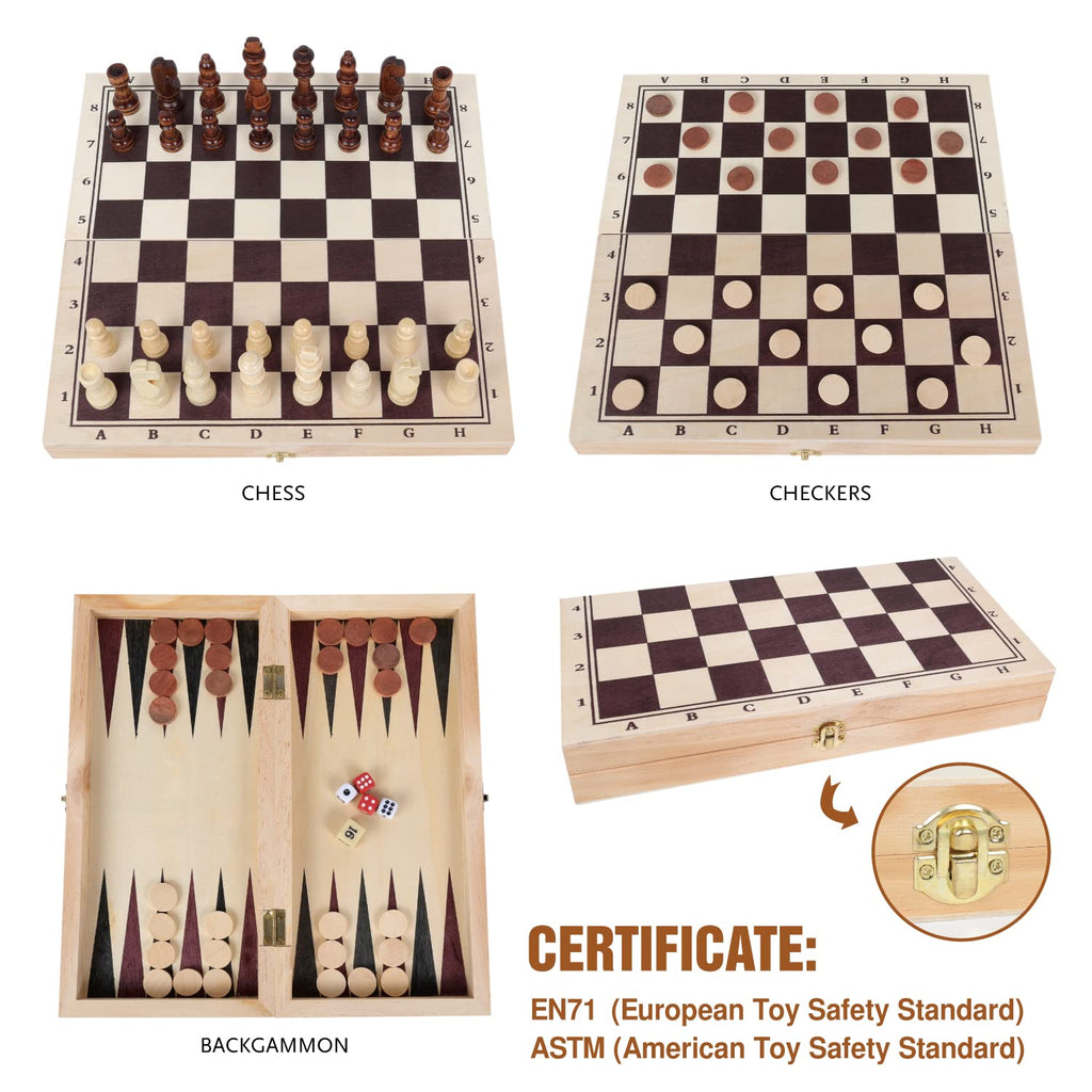GOTHINK 3-in-1 Wooden Board Game Set – Chess, Checkers & Backgammon for Family Travel and Gifting