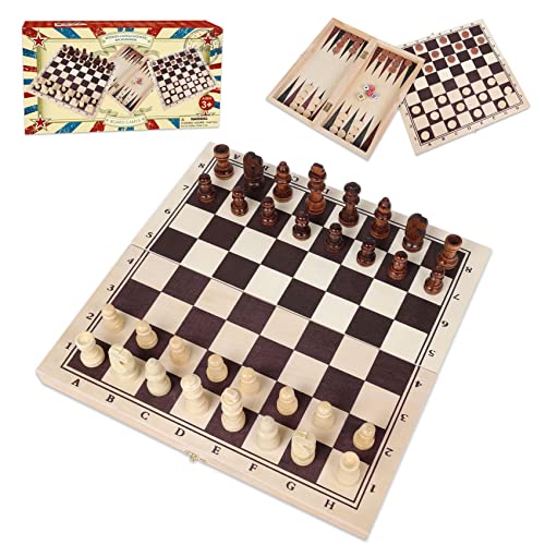 GOTHINK 3-in-1 Wooden Board Game Set – Chess, Checkers & Backgammon for Family Travel and Gifting