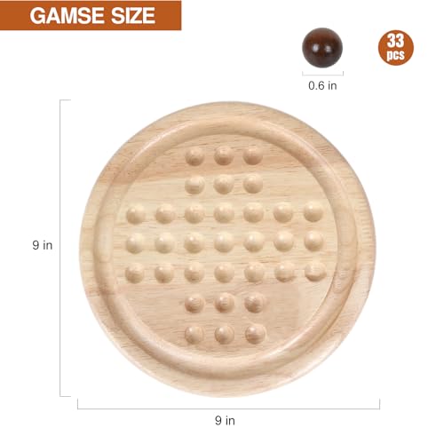 Gothink 9-Inch Solid Wood Solitaire Game – 33 Marble Balls, Handcrafted Board for Kids & Adults