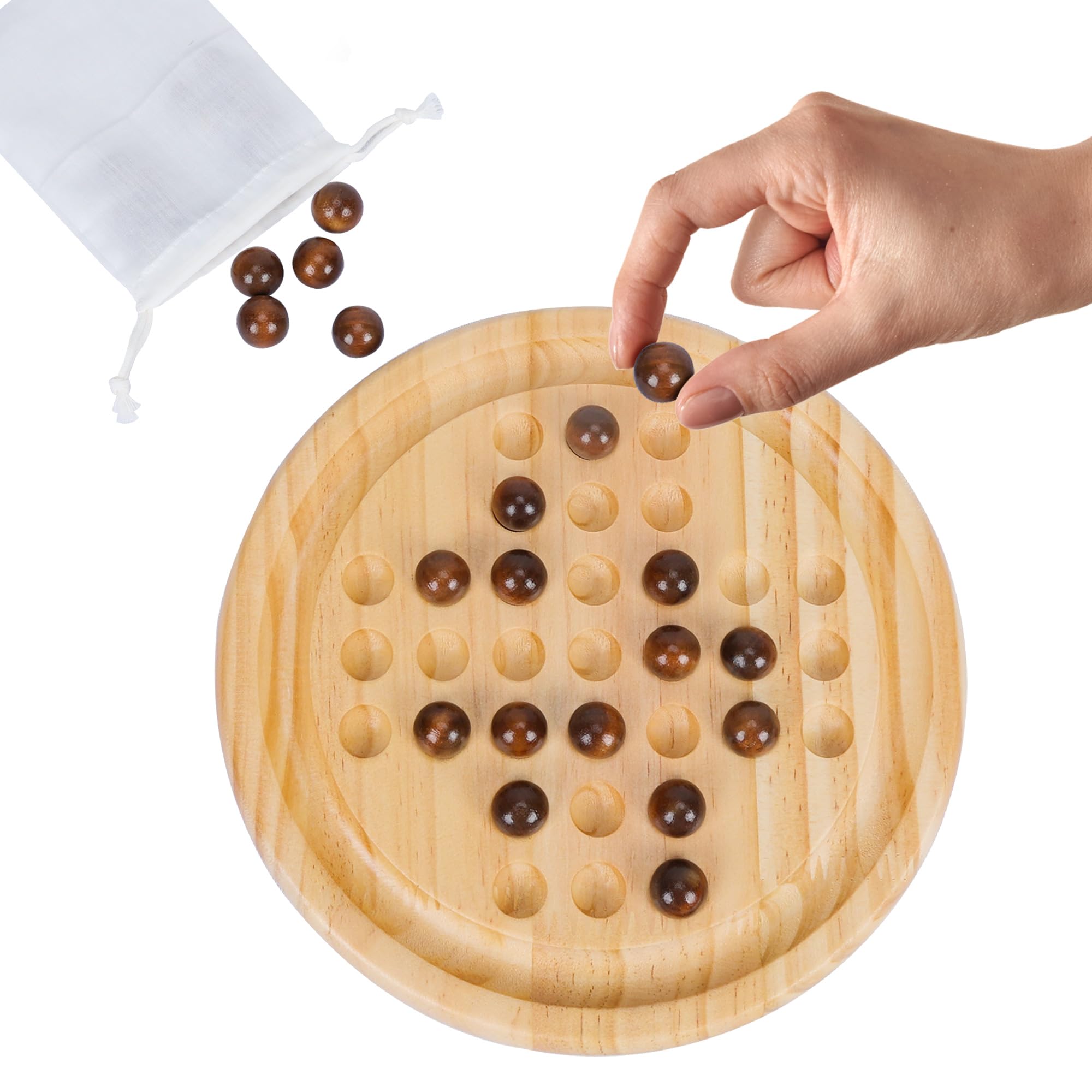 Gothink 9-Inch Solid Wood Solitaire Game – 33 Marble Balls, Handcrafted Board for Kids & Adults