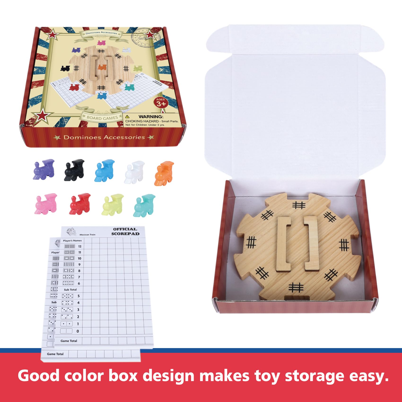GOTHINK Mexican Train Dominoes Accessories Set – Pine Hub, 9 Metal Markers, Score Pads