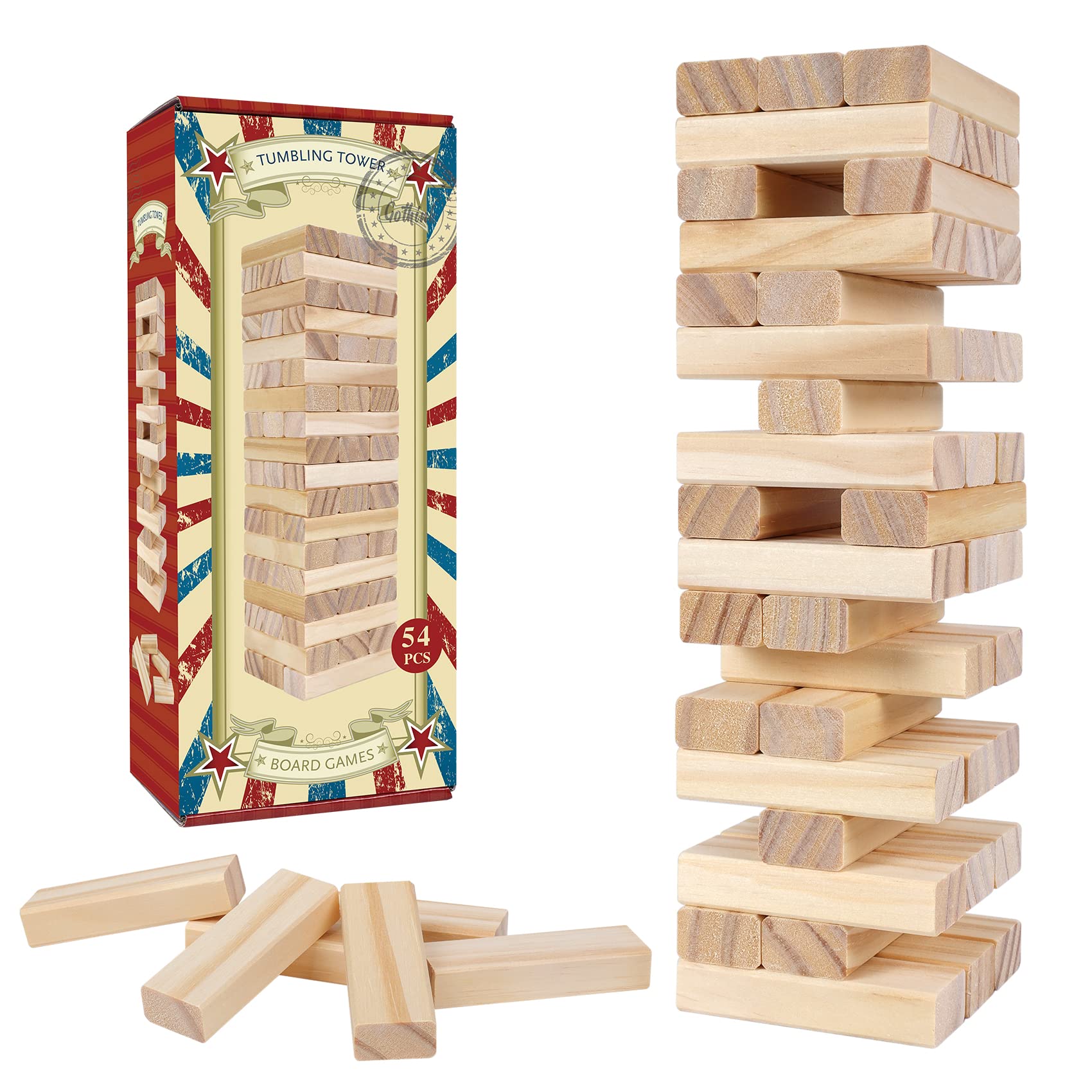 GOTHINK Tumble Tower Game – 54 Wooden Blocks for Stacking, Dominoes & Family Fun