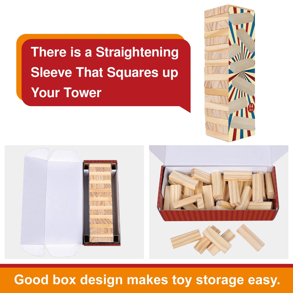 GOTHINK Tumble Tower Game – 54 Wooden Blocks for Stacking, Dominoes & Family Fun