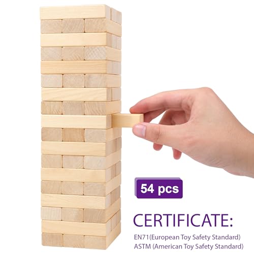 GOTHINK Tumble Tower Game – 54 Wooden Blocks with Stacking Sleeve and Carry Bag
