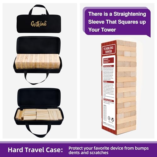 GOTHINK Tumble Tower Game – 54 Wooden Blocks with Stacking Sleeve and Carry Bag