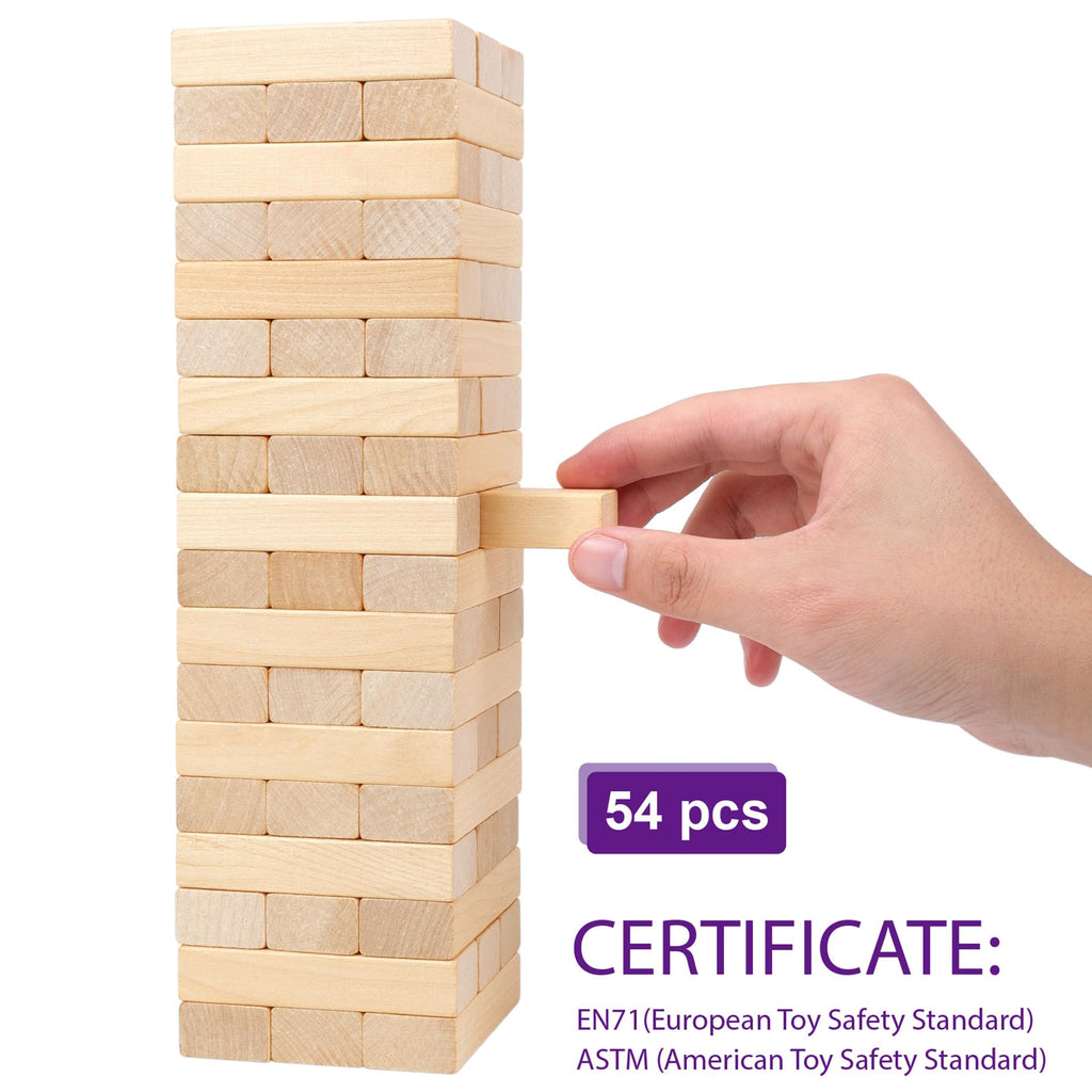 GOTHINK Tumble Tower Game – 54 Wooden Blocks with Stacking Sleeve and Carry Bag