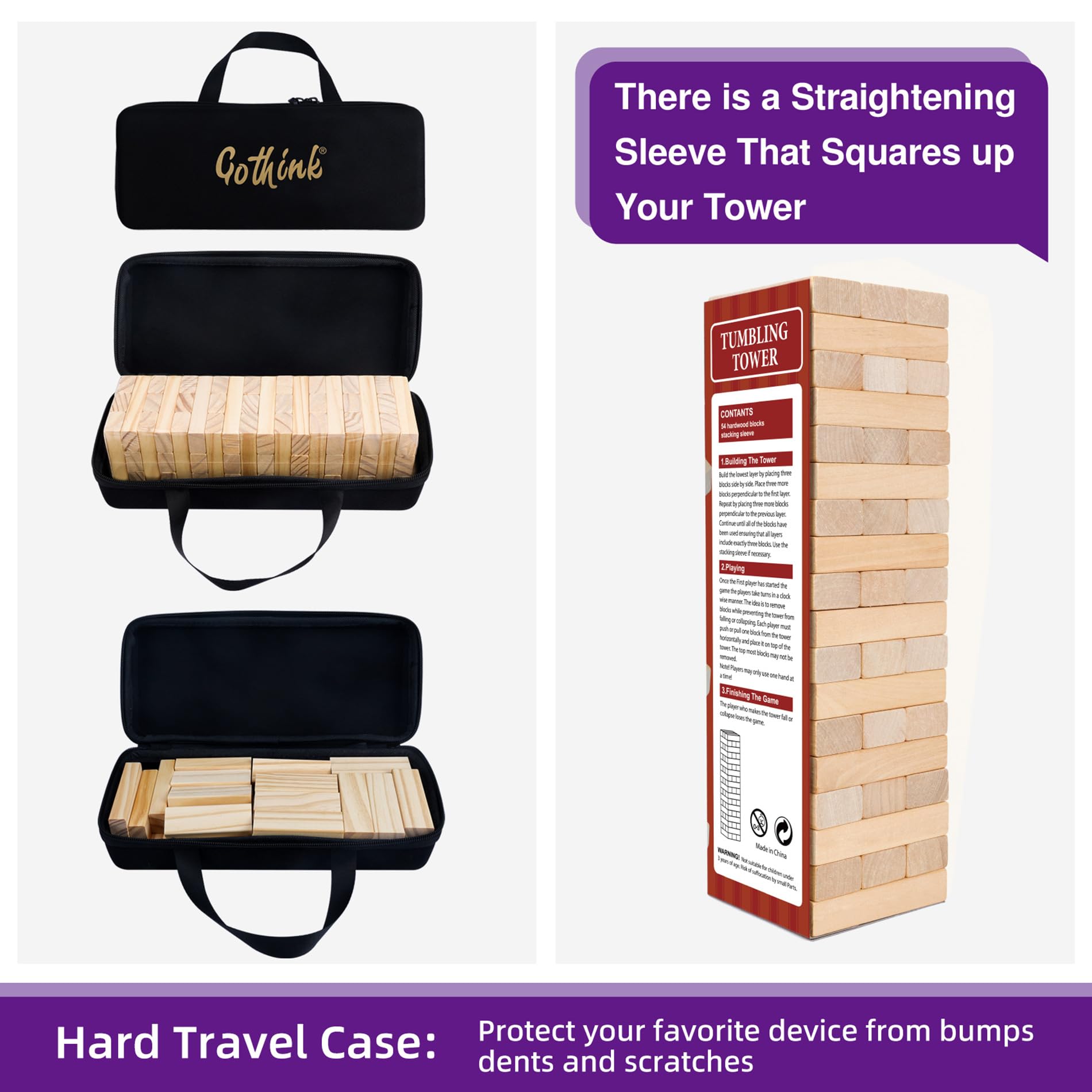 GOTHINK Tumble Tower Game – 54 Wooden Blocks with Stacking Sleeve and Carry Bag