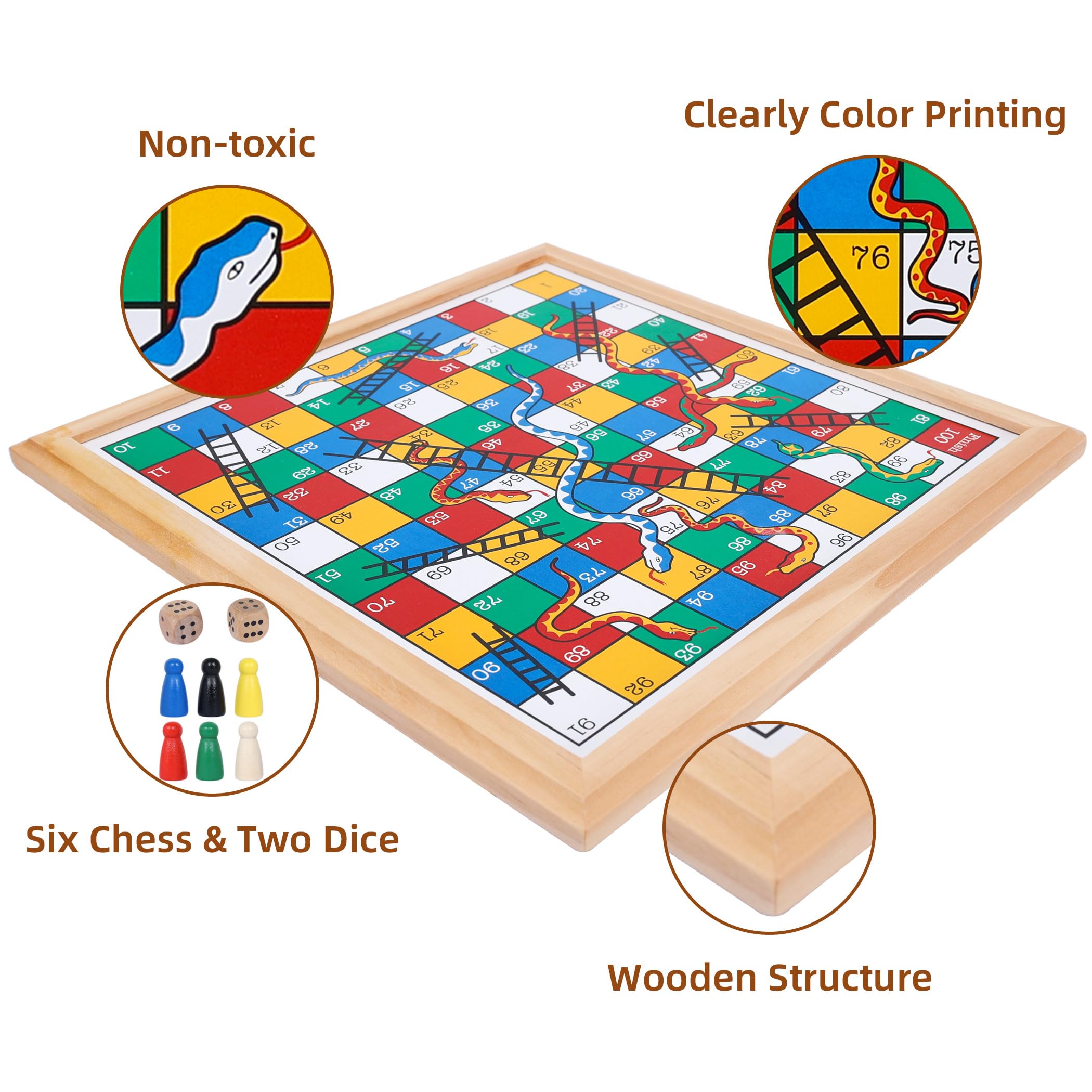 Gothink Wooden Snakes and Ladders – 13 Inch Classic Board Game, FSC Certified Pine, Ages 3+