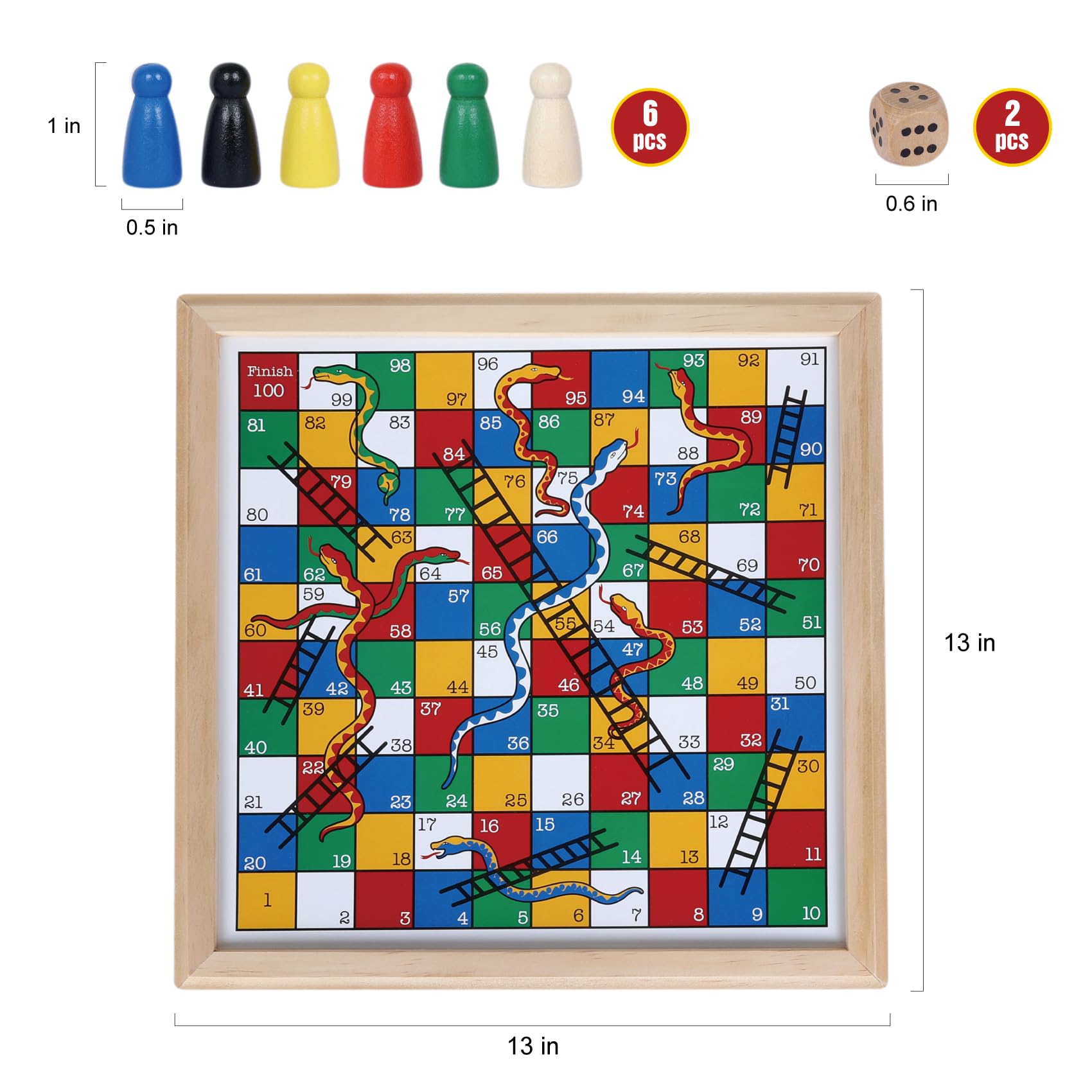 Gothink Wooden Snakes and Ladders – 13 Inch Classic Board Game, FSC Certified Pine, Ages 3+