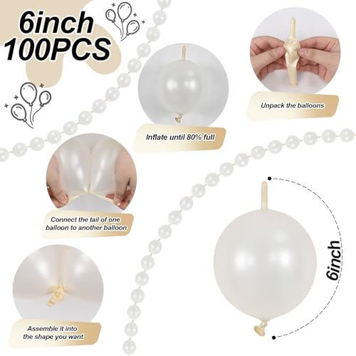 Govpy 100-Pack 6 Inch Pearl White Linking Balloons – Quick Link Tail for Easy Arch, Wall & Garland Decor