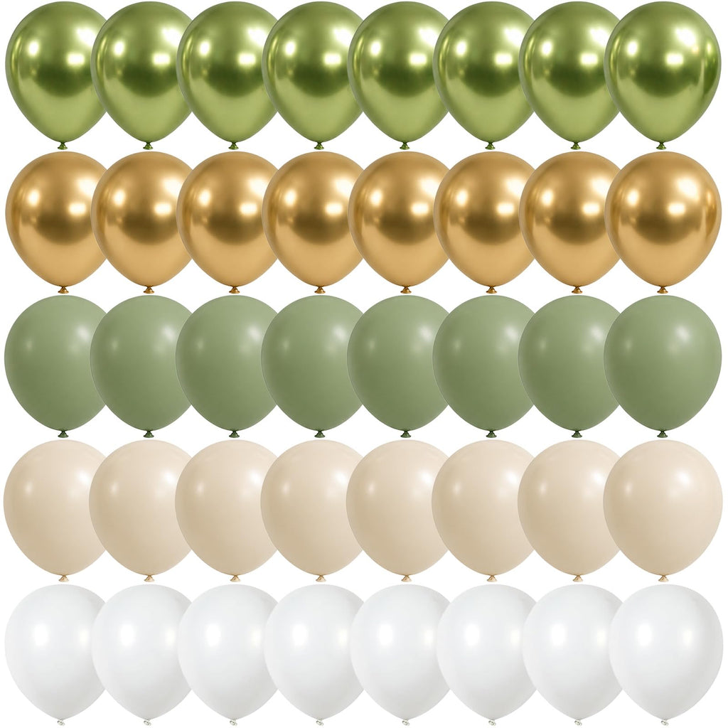 Govpy 60-Pack 12-Inch Green Gold White Latex Balloons – Retro Metallic Confetti Party Set