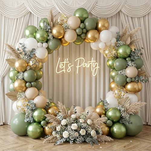 Govpy 60-Pack 12-Inch Green Gold White Latex Balloons – Retro Metallic Confetti Party Set