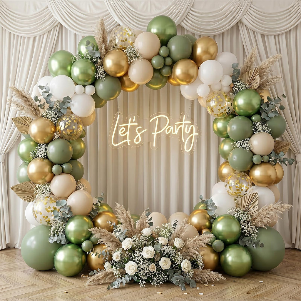 Govpy 60-Pack 12-Inch Green Gold White Latex Balloons – Retro Metallic Confetti Party Set