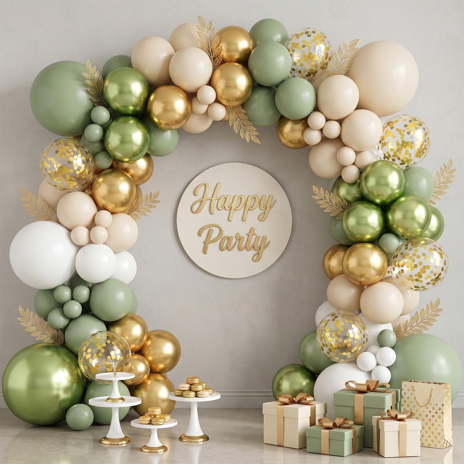 Govpy 60-Pack 12-Inch Green Gold White Latex Balloons – Retro Metallic Confetti Party Set