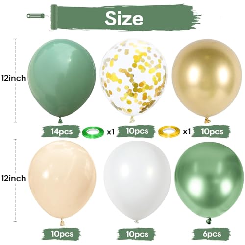Govpy 60-Pack 12-Inch Green Gold White Latex Balloons – Retro Metallic Confetti Party Set