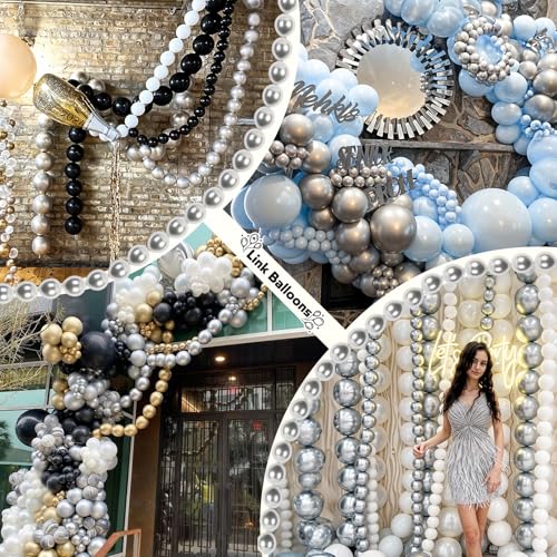 Govpy 60PCS 6-Inch Metallic Silver Link Balloons with Tails for Easy Balloon Arch, Chain, and Wall Decorations