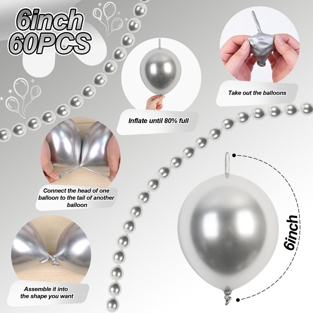 Govpy 60PCS 6-Inch Metallic Silver Link Balloons with Tails for Easy Balloon Arch, Chain, and Wall Decorations