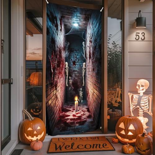 Govpy Halloween Door Banner 72x35 Inch Trick or Treat Backdrop – Red & Black Horror Decor