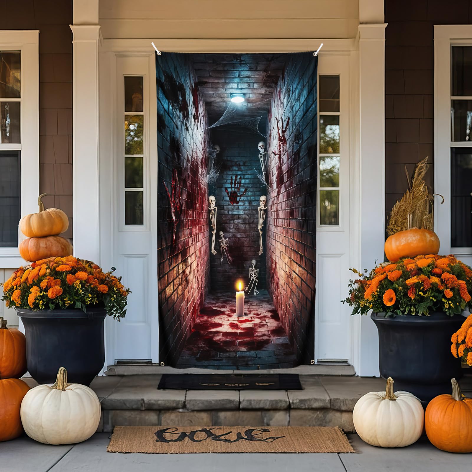 Govpy Halloween Door Banner 72x35 Inch Trick or Treat Backdrop – Red & Black Horror Decor