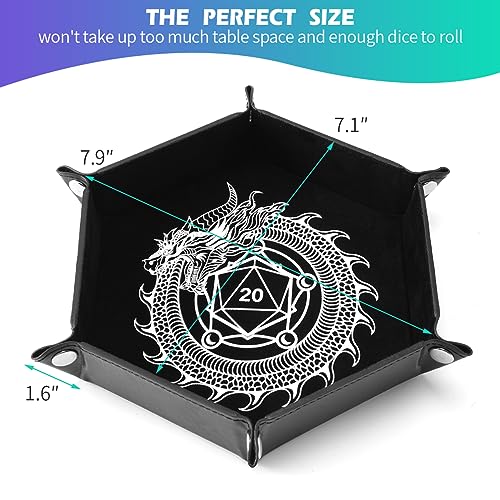 Grajar Dragon and Phoenix Folding Dice Tray Set - 2 Pack Portable PU Leather Hexagonal Rolling Tray for DND RPG