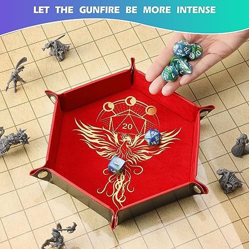 Grajar Dragon and Phoenix Folding Dice Tray Set - 2 Pack Portable PU Leather Hexagonal Rolling Tray for DND RPG