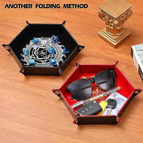 Grajar Dragon and Phoenix Folding Dice Tray Set - 2 Pack Portable PU Leather Hexagonal Rolling Tray for DND RPG