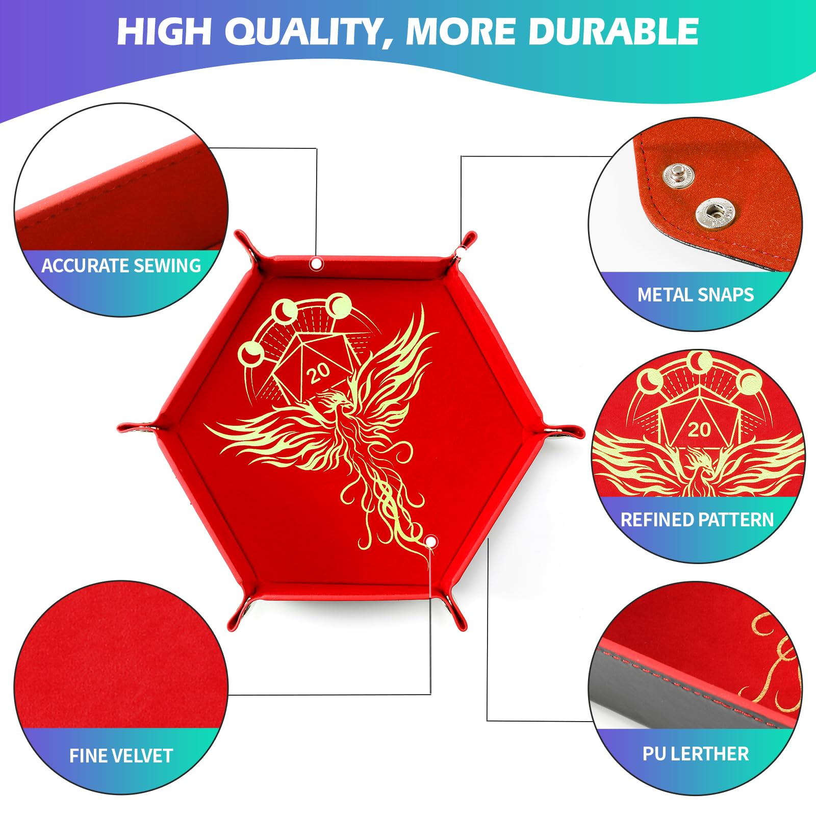 Grajar Dragon and Phoenix Folding Dice Tray Set - 2 Pack Portable PU Leather Hexagonal Rolling Tray for DND RPG