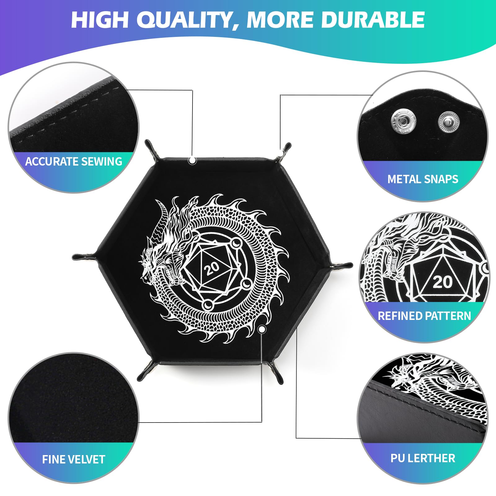 Grajar Dragon and Phoenix Folding Dice Tray Set - 2 Pack Portable PU Leather Hexagonal Rolling Tray for DND RPG