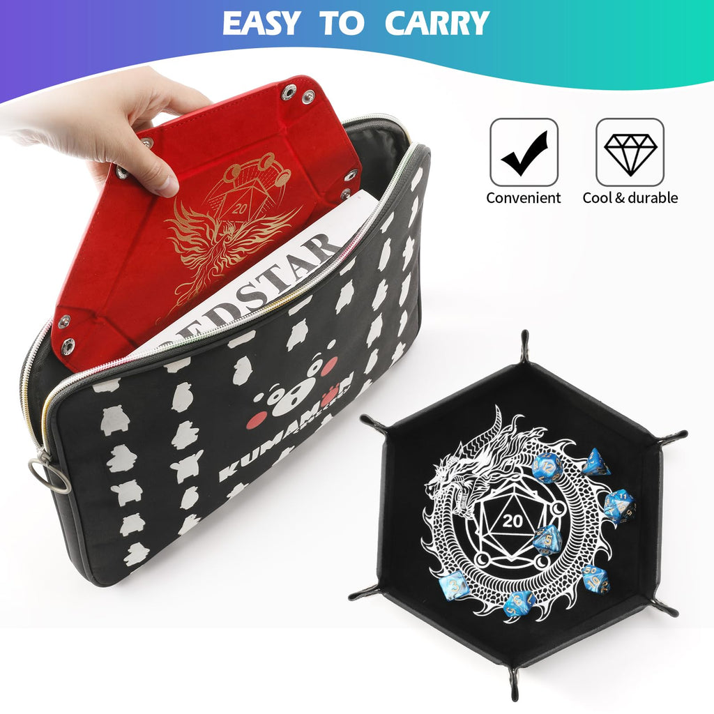 Grajar Dragon and Phoenix Folding Dice Tray Set - 2 Pack Portable PU Leather Hexagonal Rolling Tray for DND RPG