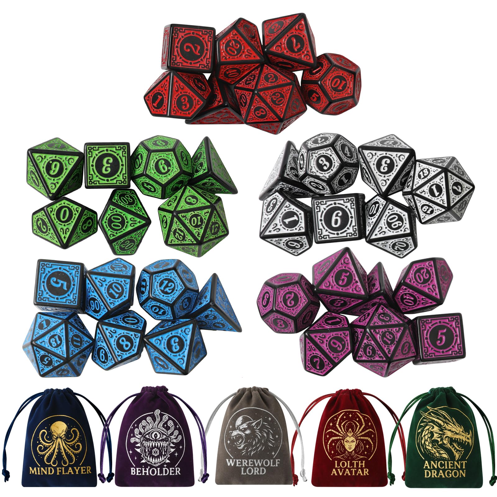 Grajar Vintage Boss Totem 35-Piece Polyhedral Dice Set with 5 Velvet Pouches – D&D & RPG
