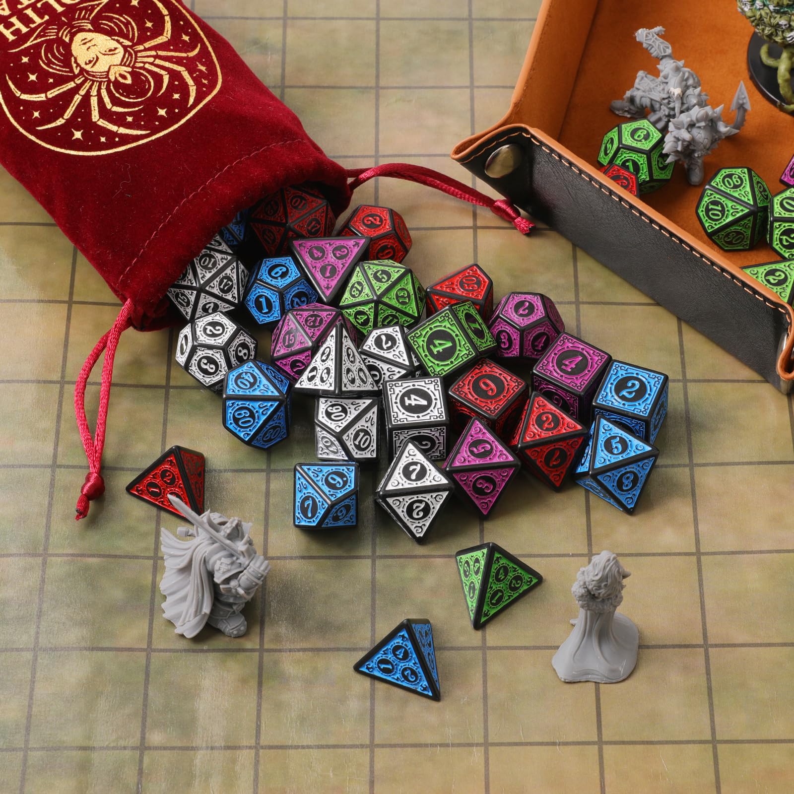 Grajar Vintage Boss Totem 35-Piece Polyhedral Dice Set with 5 Velvet Pouches – D&D & RPG