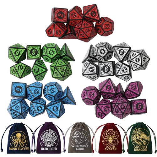 Grajar Vintage Boss Totem 35-Piece Polyhedral Dice Set with 5 Velvet Pouches – D&D & RPG